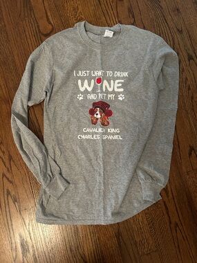 Gildan Sports Grey Long-Sleeve Tee with Dog & Wine Graphic